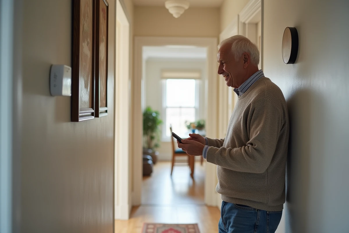 Homme vérifiant un thermostat intelligent dans un couloir moderne