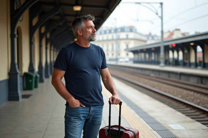 Homme d'âge moyen avec valise à la gare de Mille SaintCharles