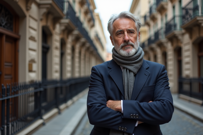 homme-ville-historique Homme en costume dans une rue pavée historique