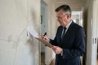 Huissier de justice inspectant une fissure murale dans le couloir d'une copropriété avant travaux