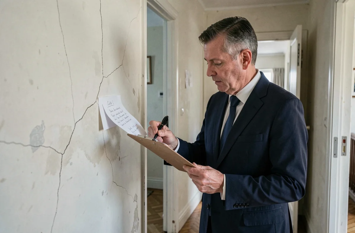 Huissier de justice inspectant une fissure murale dans le couloir d'une copropriété avant travaux
