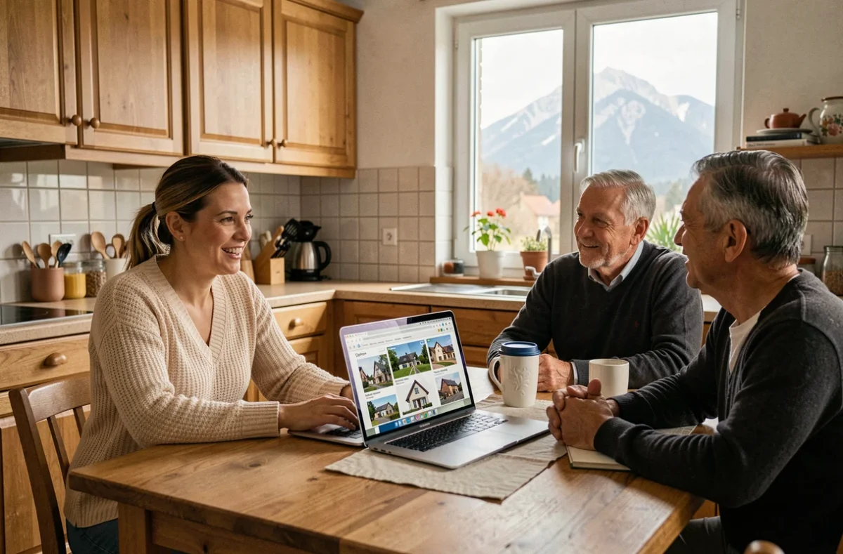 Mandataire IAD France en consultation informelle avec des propriétaires dans une maison à Chambéry avec vue sur les montagnes