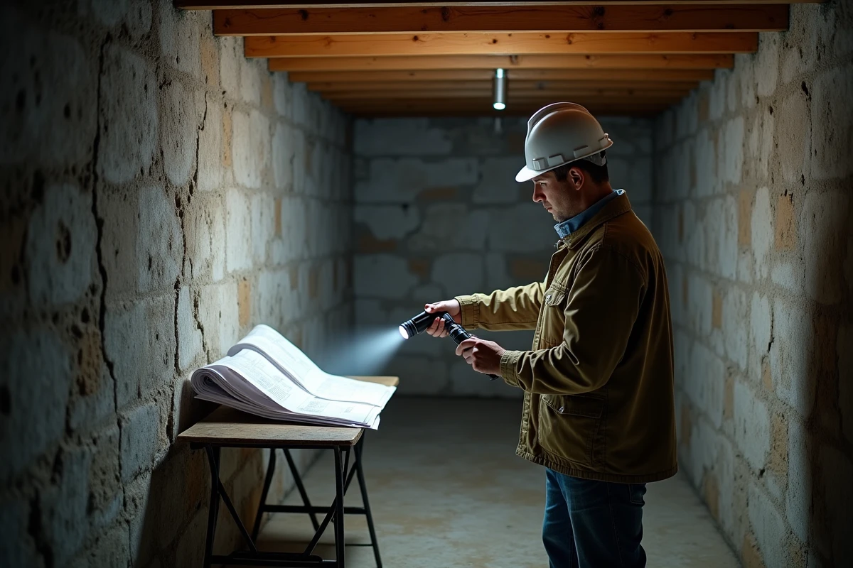 Ingénieur structure évaluant des fissures sur un mur porteur en sous-sol d'un bâtiment ancien, travaux relevant des grosses réparations de l'article 606 du code civil