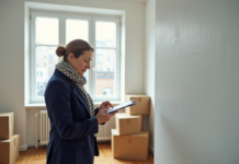Femme en blazer navy inspectant un appartement vide