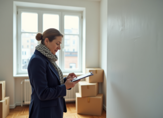 État des lieux de sortie : obligatoire ou facultatif ? Conseils et obligations Femme en blazer navy inspectant un appartement vide