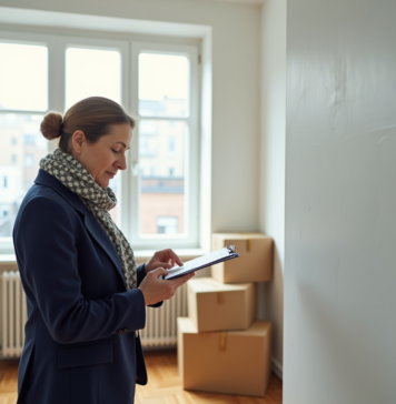 Femme en blazer navy inspectant un appartement vide