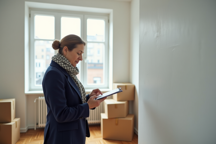 inspection-appartement-femme Femme en blazer navy inspectant un appartement vide