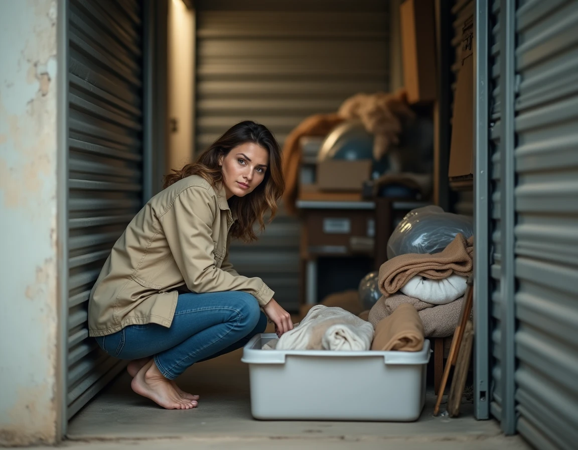 Femme inspectant le contenu d'un box de stockage abandonné lors d'une enchère dans un couloir de garde-meuble français