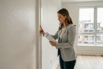 Femme inspectant les finitions d'un logement neuf Icade, vérifiant la qualité des boiseries et des murs
