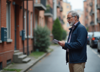Homme inspectant une rangée d immeubles résidentiels