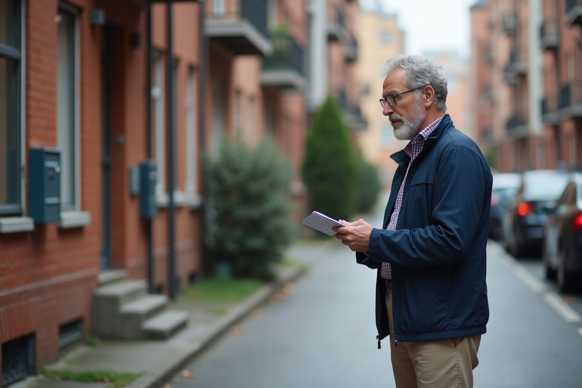 Homme inspectant une rangée d immeubles résidentiels