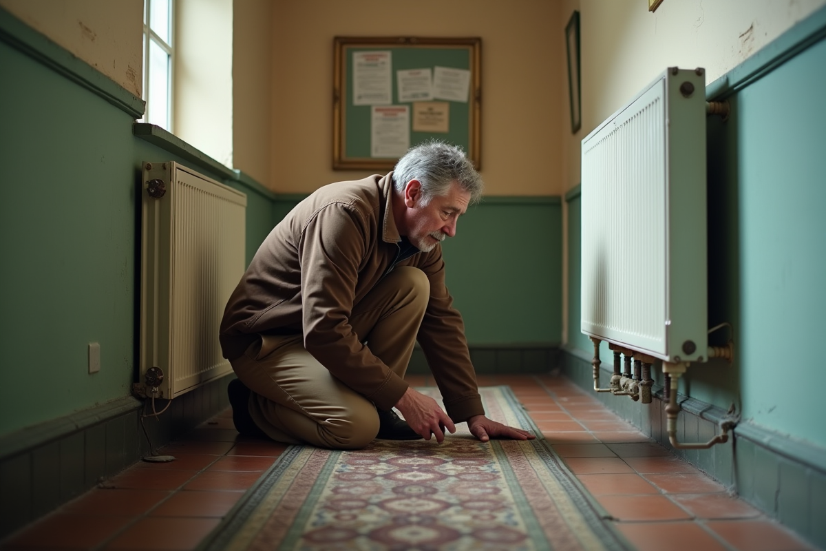 Propriétaire inspectant un radiateur qui fuit
