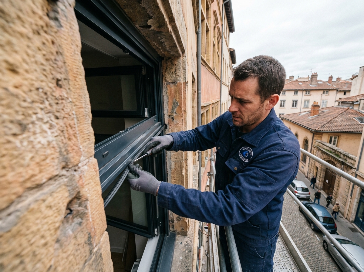 Poseur de fenêtres en aluminium sur une façade en pierre à Lyon
