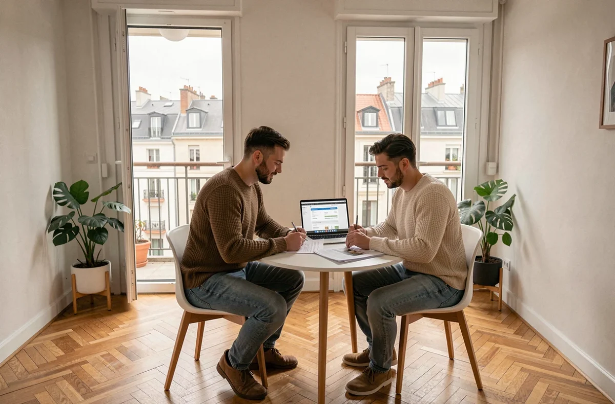 Intérieur d'un appartement rénové en banlieue parisienne avec un couple consultant des documents immobiliers