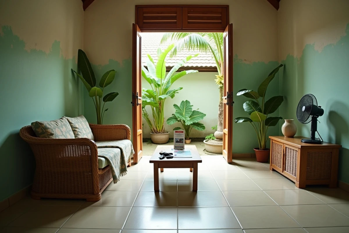 Intérieur d'une maison abordable à vendre en Thaïlande provinciale, avec sol en carrelage crème, mobilier simple en rotin et fenêtre ouverte sur une cour tropicale