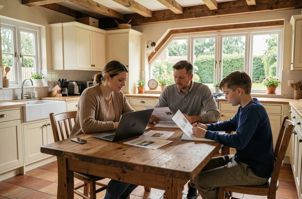 Parents et enfants dans la cuisine d'une maison normande en location, cherchant un logement adapté à une famille recomposée