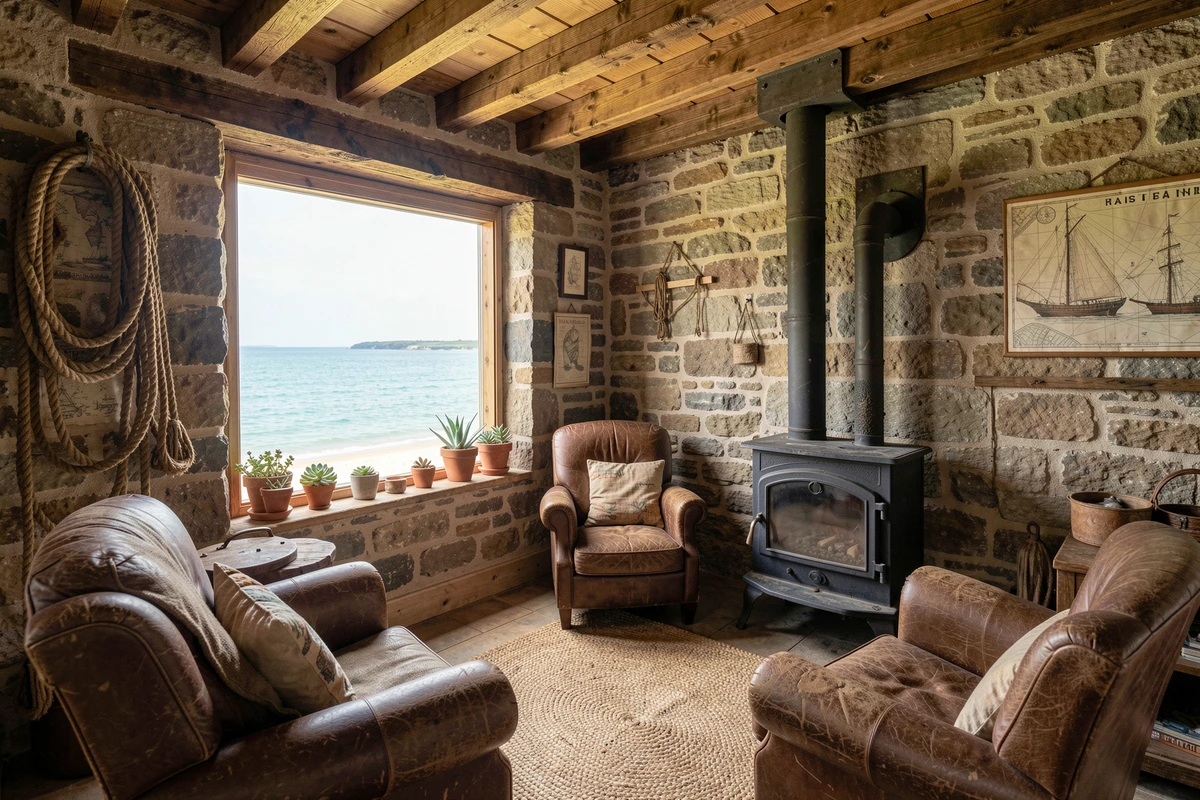 Intérieur authentique d'une maison de pêcheur bretonne avec vue mer depuis le salon et accès plage