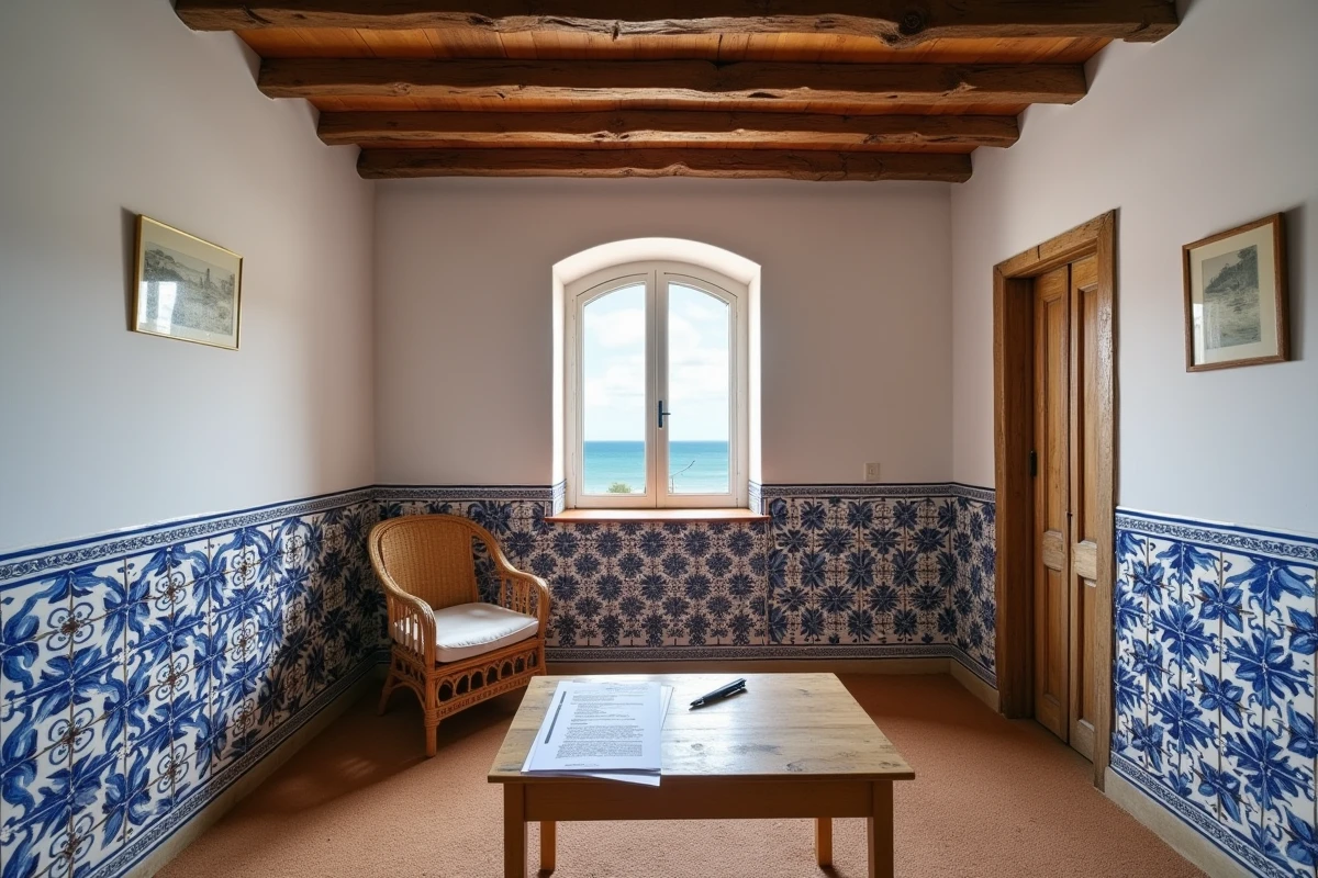 Intérieur traditionnel d'une petite maison de pêcheur à vendre au Portugal avec carreaux azulejos et poutres en bois apparentes