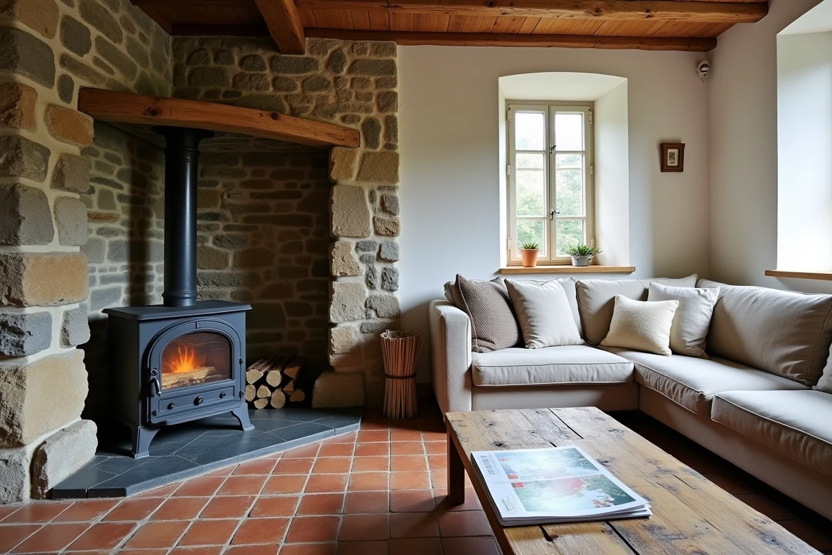 Intérieur rénové d'une maison en pierre bretonne avec poutres apparentes, poêle à bois et mur en granit exposé dans un salon chaleureux