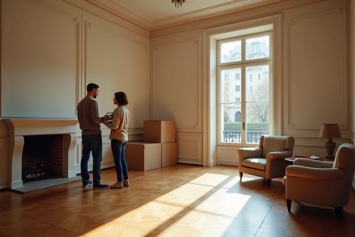 Intérieur d'une maison en vente lors d'une séparation avec cartons de déménagement et parquet en bois