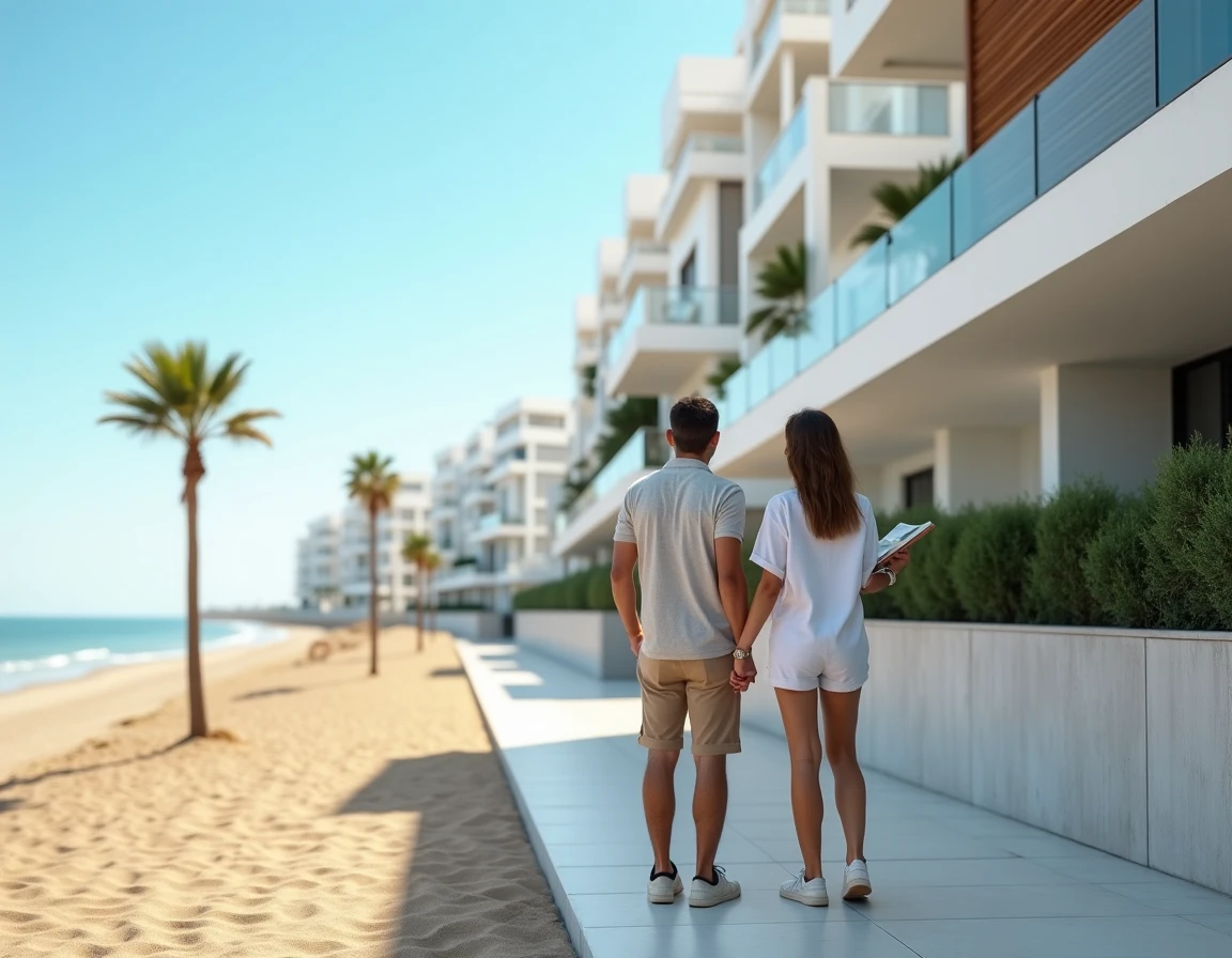 Couple devant un immeuble résidentiel moderne en bord de mer à Agadir pour un investissement immobilier