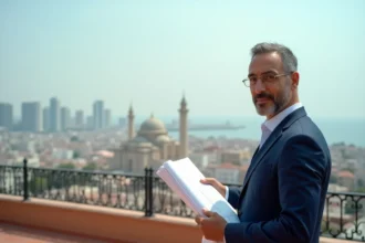 Investisseur immobilier sur un toit avec vue sur le skyline de Casablanca et ses immeubles modernes