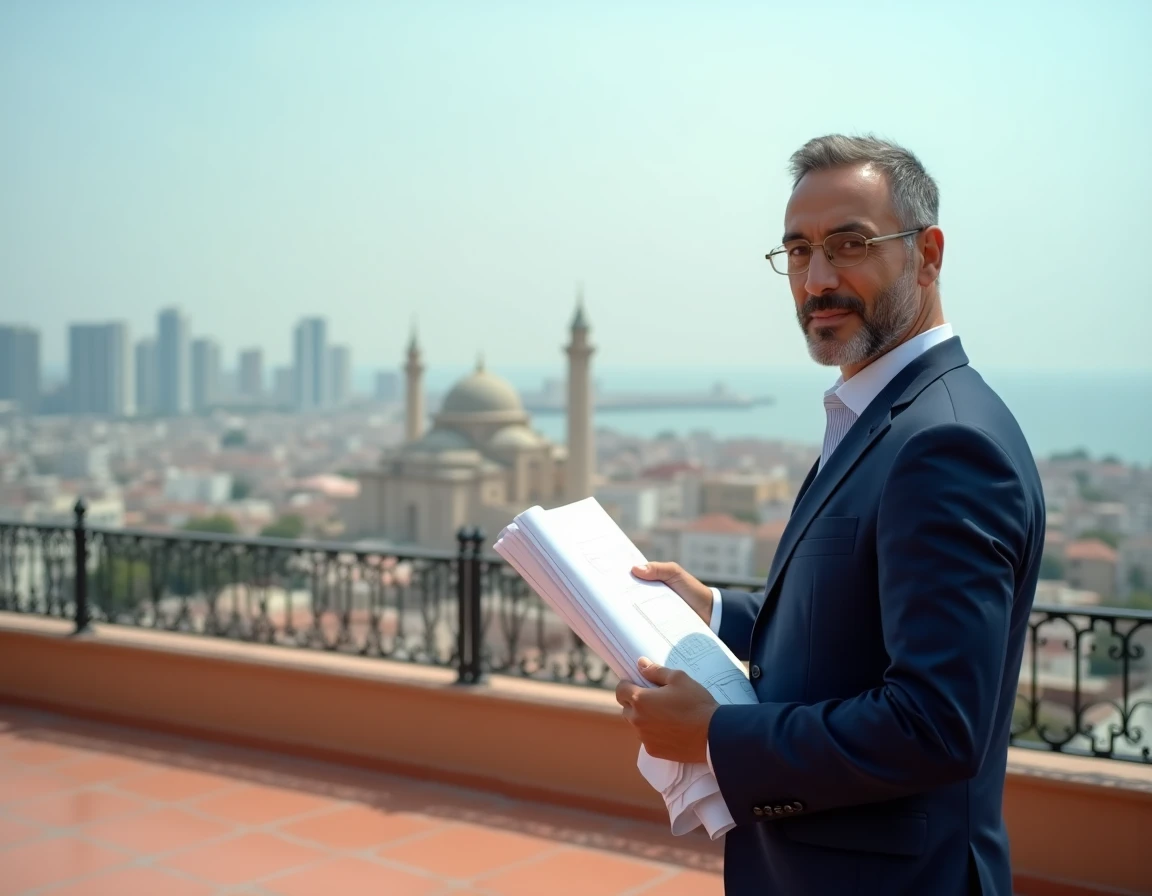 Investisseur immobilier sur un toit avec vue sur le skyline de Casablanca et ses immeubles modernes