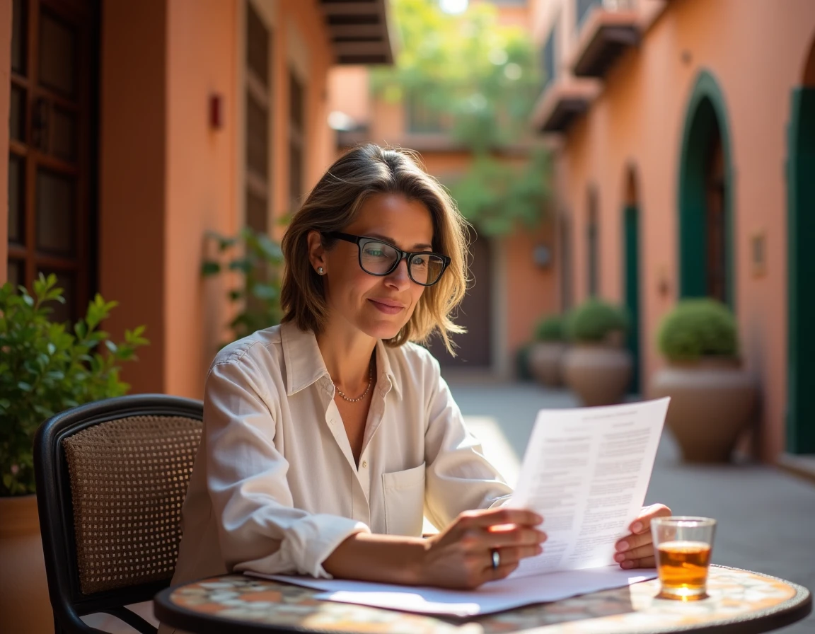 Femme analysant des documents immobiliers dans un café de la médina de Marrakech