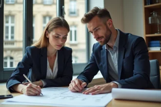 Couple d'investisseurs étudiant un projet immobilier loi Pinel à Bordeaux dans une agence moderne