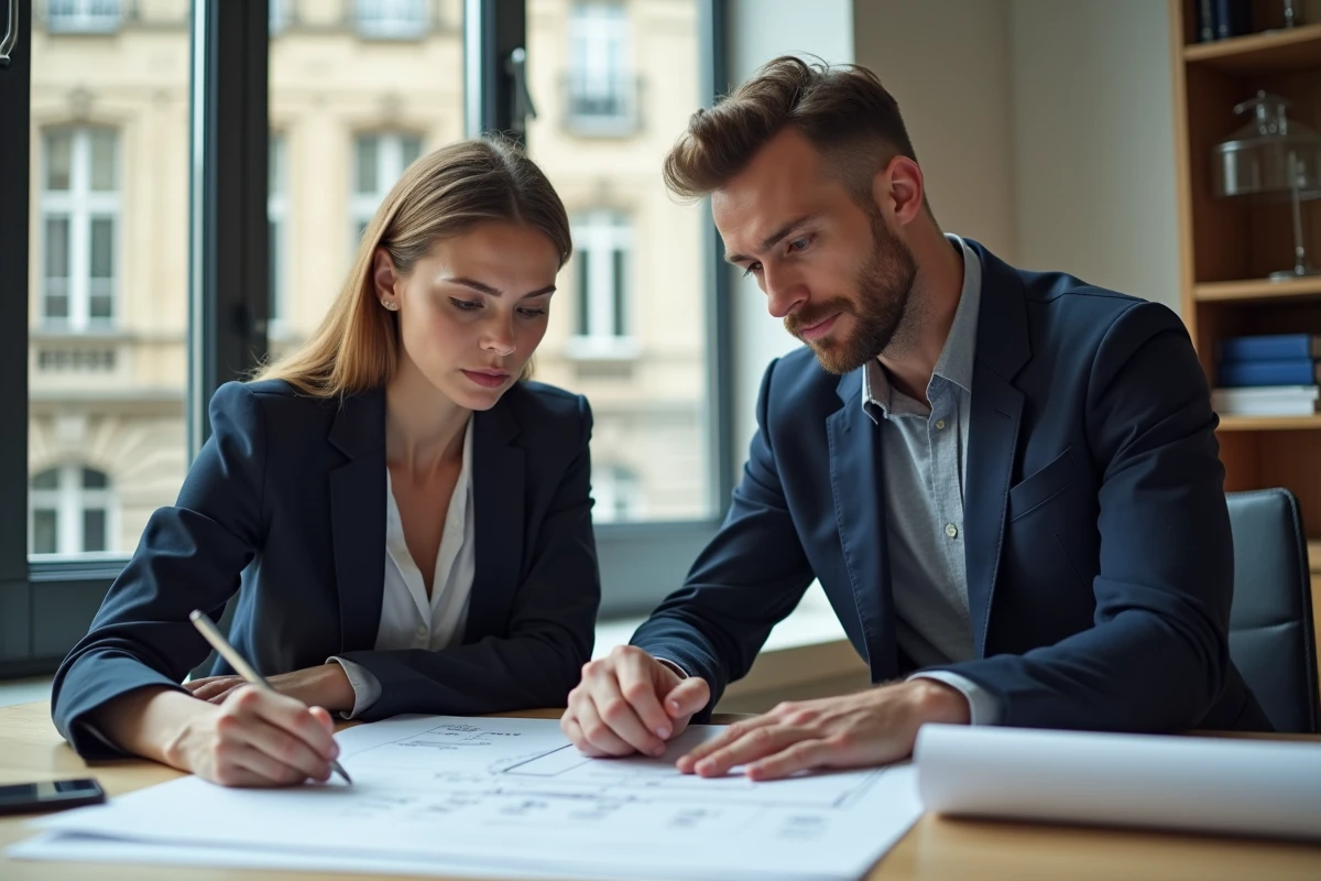 Couple d'investisseurs étudiant un projet immobilier loi Pinel à Bordeaux dans une agence moderne