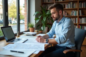 Investisseur immobilier consultant des documents d'urbanisme et une carte cadastrale sur son bureau pour sécuriser un achat locatif