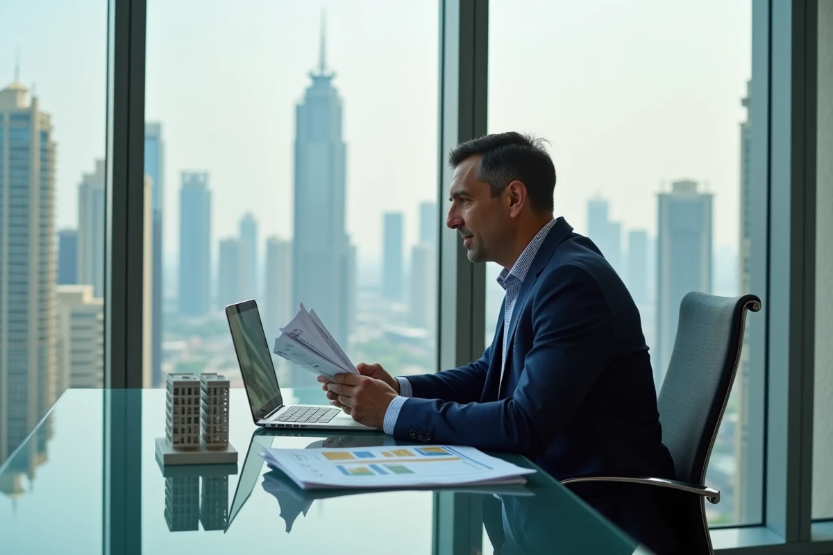 Investisseur immobilier professionnel analysant des documents de rendement locatif dans un bureau moderne avec vue sur le quartier JLT de Dubai