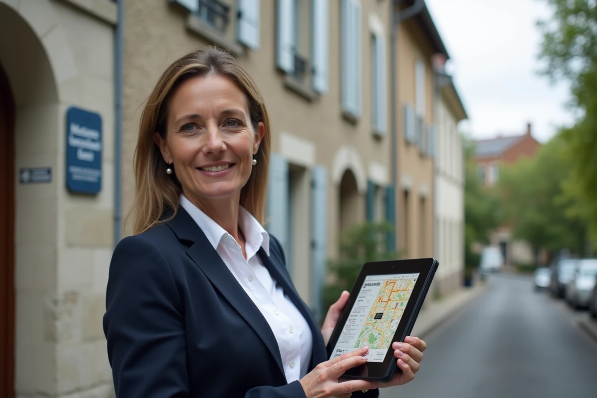 Femme investisseuse devant un immeuble résidentiel à vendre consultant une carte de zonage sur tablette pour un investissement locatif