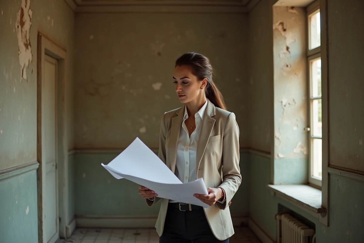 Investisseuse analysant des plans architecturaux dans un manoir abandonné en vue d'une stratégie de rénovation et revente