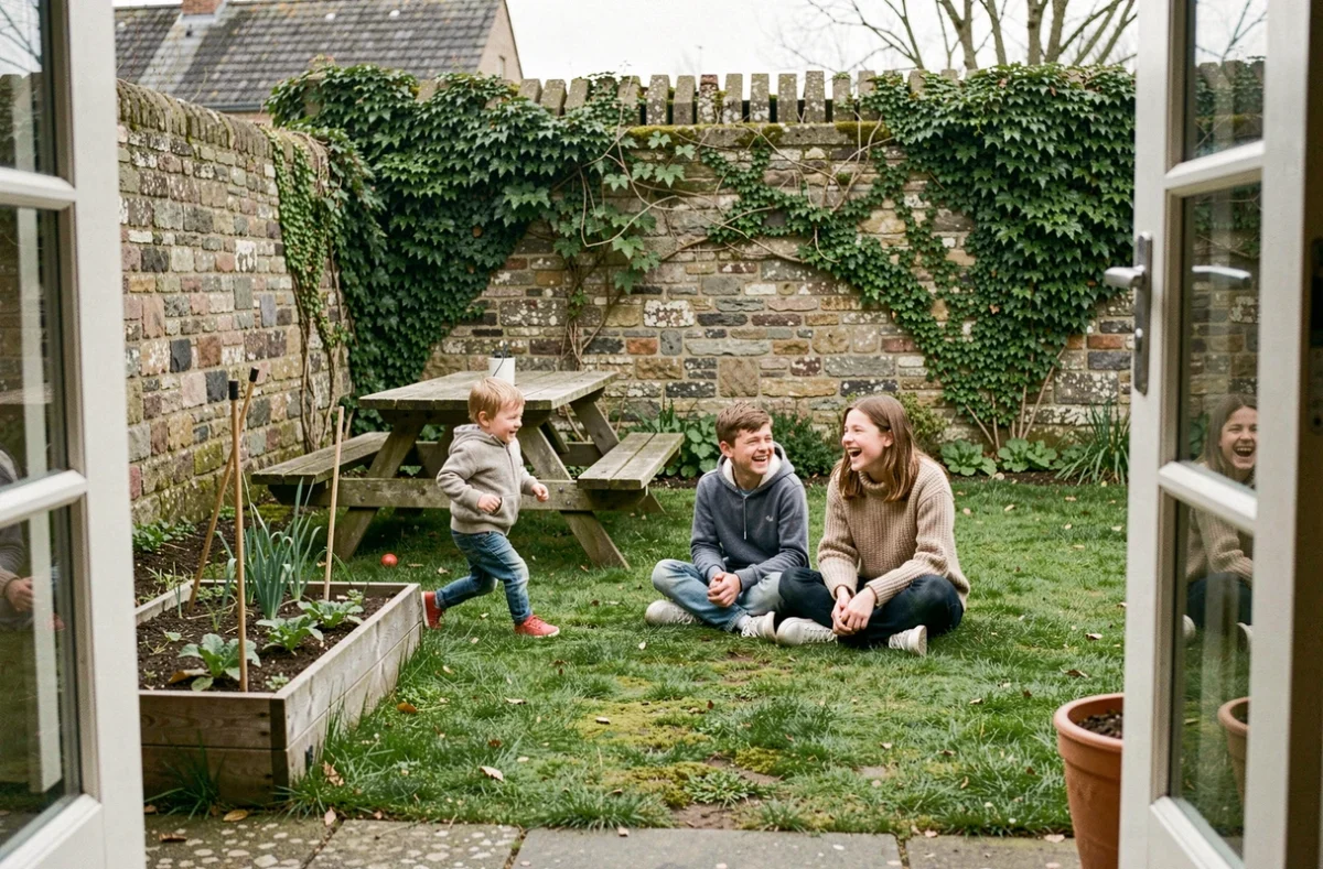 Enfants d'une famille recomposée jouant dans le jardin d'une maison en location en Seine-Maritime