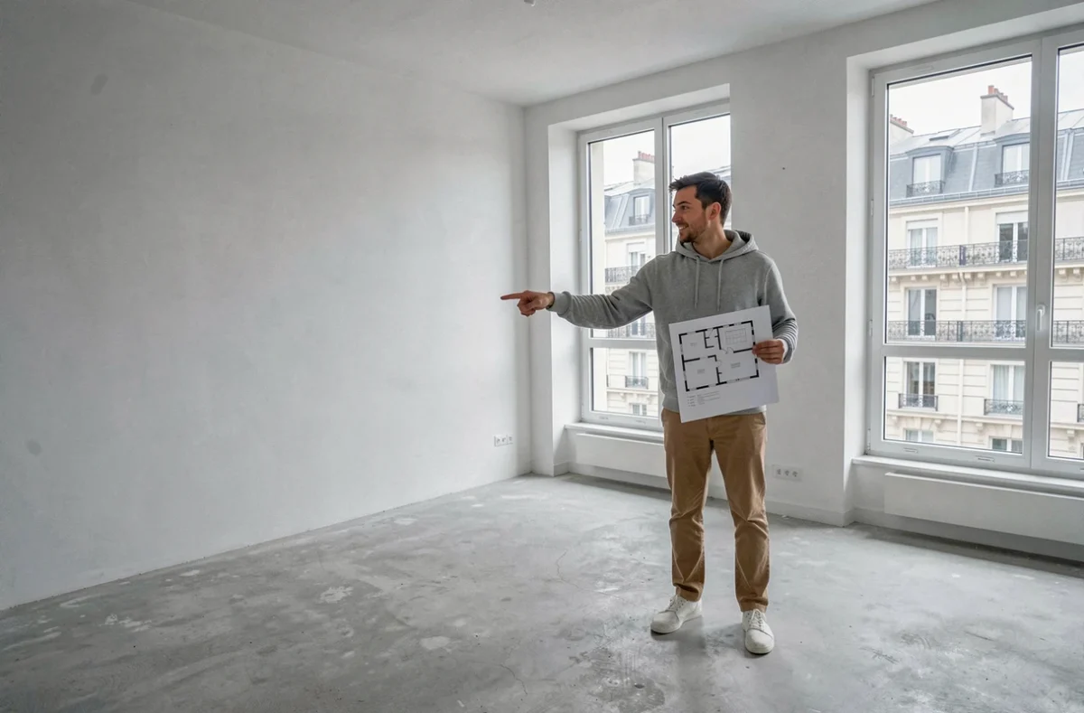 Jeune actif visitant un appartement vide avant l'achat de son premier logement à Paris