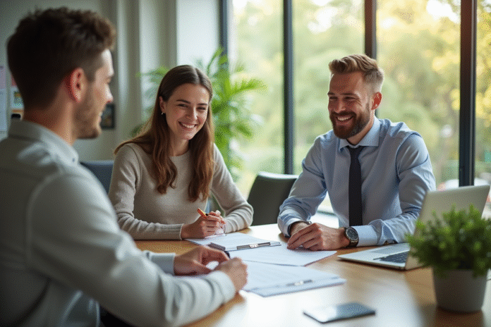 jeune-couple-contrat-hypotheque Jeune couple examinant des documents de prêt immobilier dans un bureau lumineux