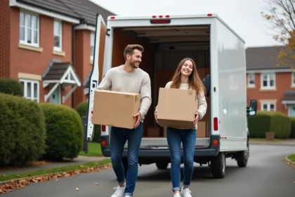 Jeune couple souriant avec van de demenagement en suburb