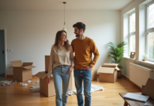 Prime d’emménagement : définition, avantages et remboursement en France Jeune couple souriant dans un appartement neuf en cours d'emménagement