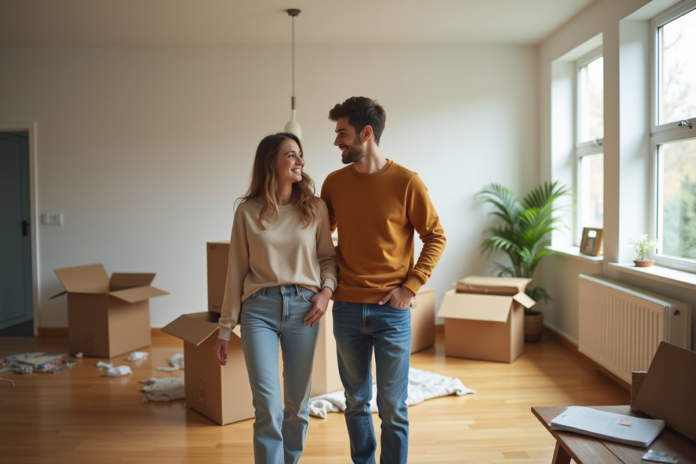 Jeune couple souriant dans un appartement neuf en cours d'emménagement