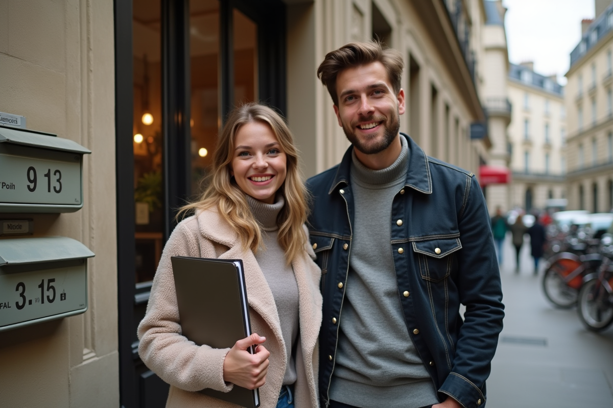 Jeune couple devant un immeuble parisien avec clés et dossier