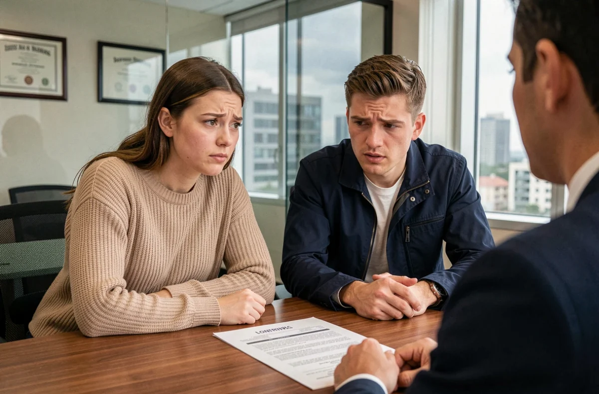Jeune couple de primo-accédants en rendez-vous avec un conseiller bancaire pour financer leur premier logement