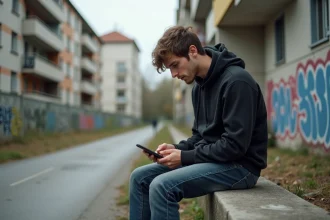Jeune homme assis sur un banc à Montluçon regardant son téléphone