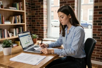 Jeune femme active consultant des documents de prêt immobilier pour son premier logement dans un appartement moderne