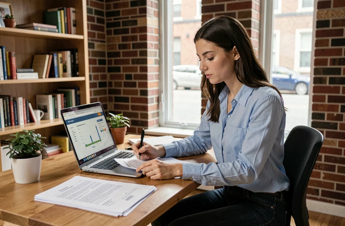 Jeune femme active consultant des documents de prêt immobilier pour son premier logement dans un appartement moderne