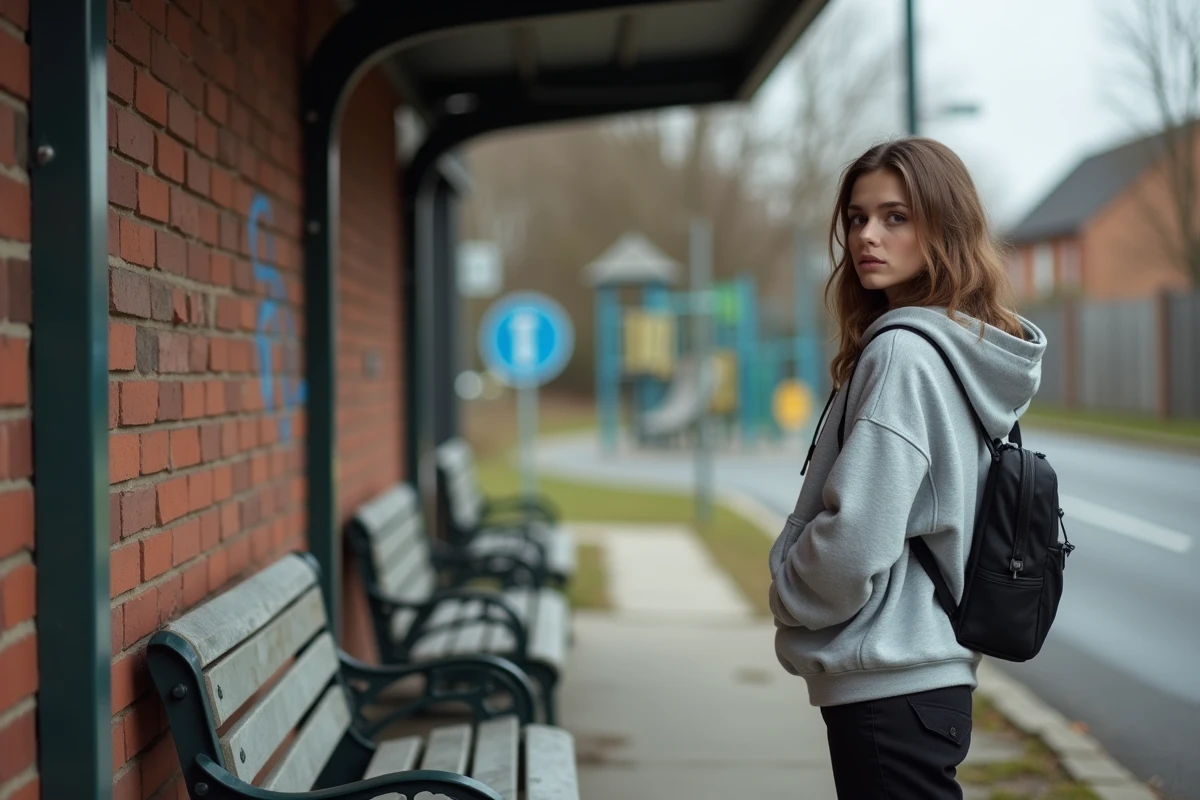 Jeune femme au arrêt de bus dans un quartier dégradé