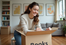 Jeune femme emballant un carton de livres dans un appartement lumineux