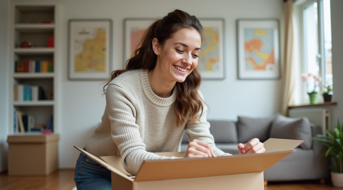 Jeune femme emballant un carton de livres dans un appartement lumineux
