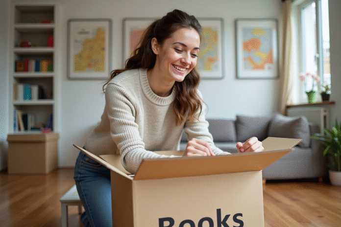 Jeune femme emballant un carton de livres dans un appartement lumineux