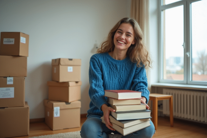 Jeune femme emballant des livres dans une salle de séjour